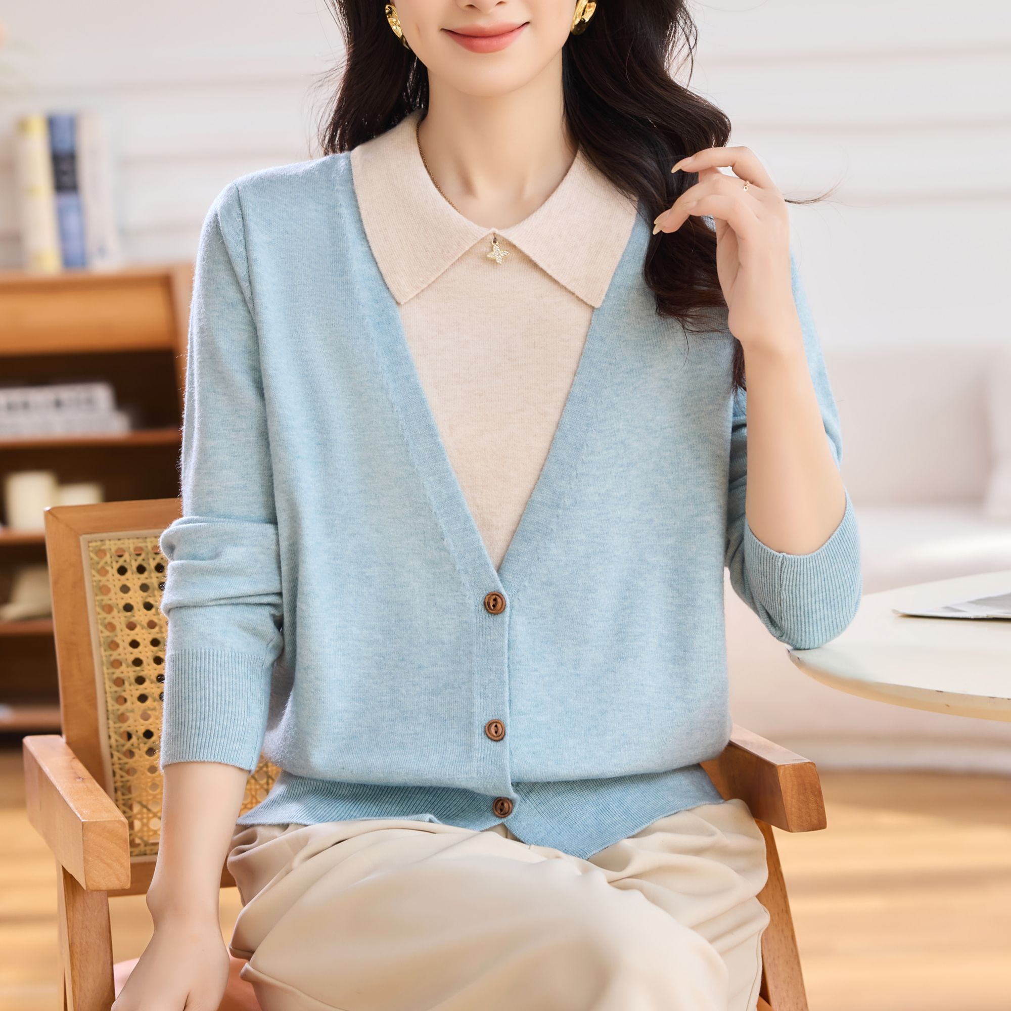翻领针织衫女秋季新款2024时尚高级感妈妈装假两件806