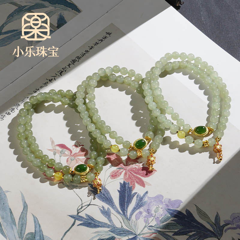 设计款双圈和田玉碧玉配珠女式手链多样性发一-10361