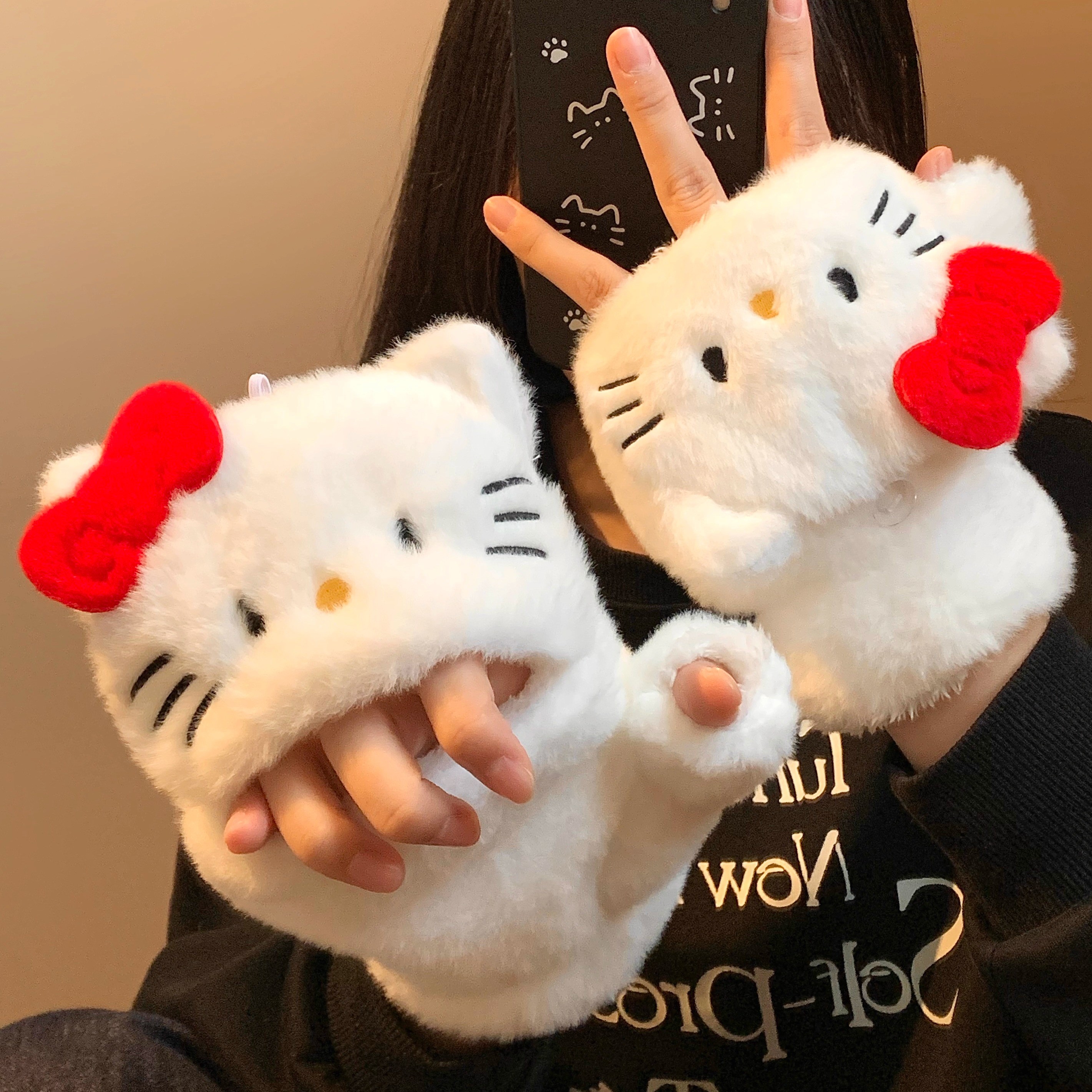 可爱kitty猫半指翻盖毛绒手套女秋冬保暖加绒可爱学生写字防寒冻
