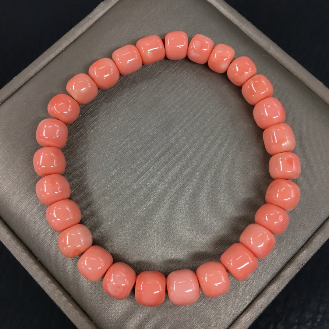 台湾莫莫红珊瑚老邢桶珠手串7.8mm单圈粉色手链