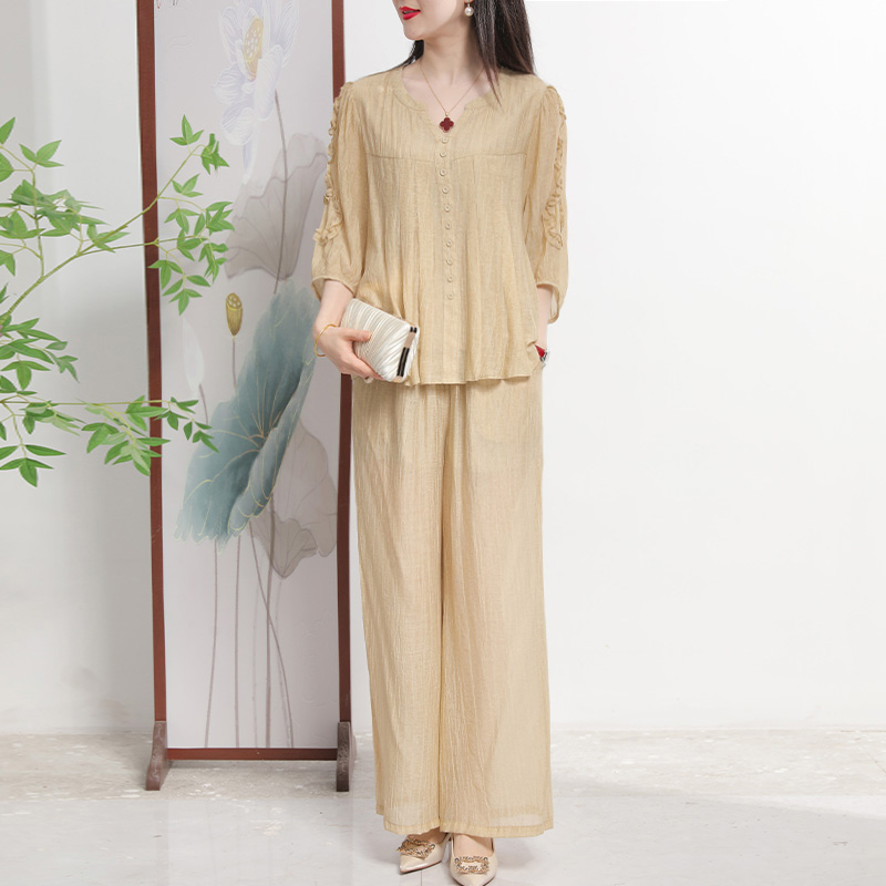 夏装简约纯色套装中年女时尚V领小衫青年舒适T恤两件套2537