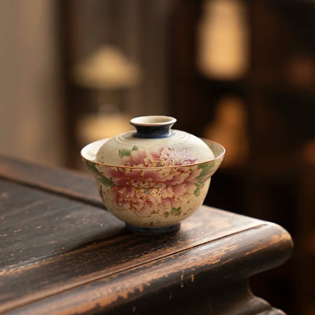 【包包爱茶器】金丝青花火石红牡丹葫芦盖碗福禄茶具复古家用陶瓷