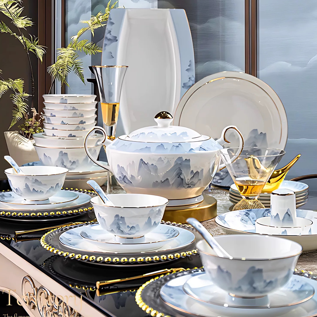 千里江山 景德镇碗碟家用骨瓷餐具轻奢高档中式陶瓷盘乔迁礼