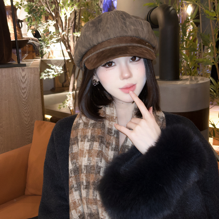 西町村屋英伦风八角帽女冬季新款复古做旧肌理拼接帽子XHAD60021