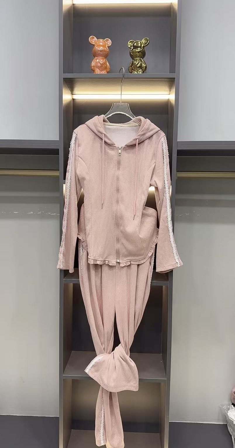 大码女装甜辣修身花边运动休闲卫衣套装纯欲风洋气时尚两件套7007