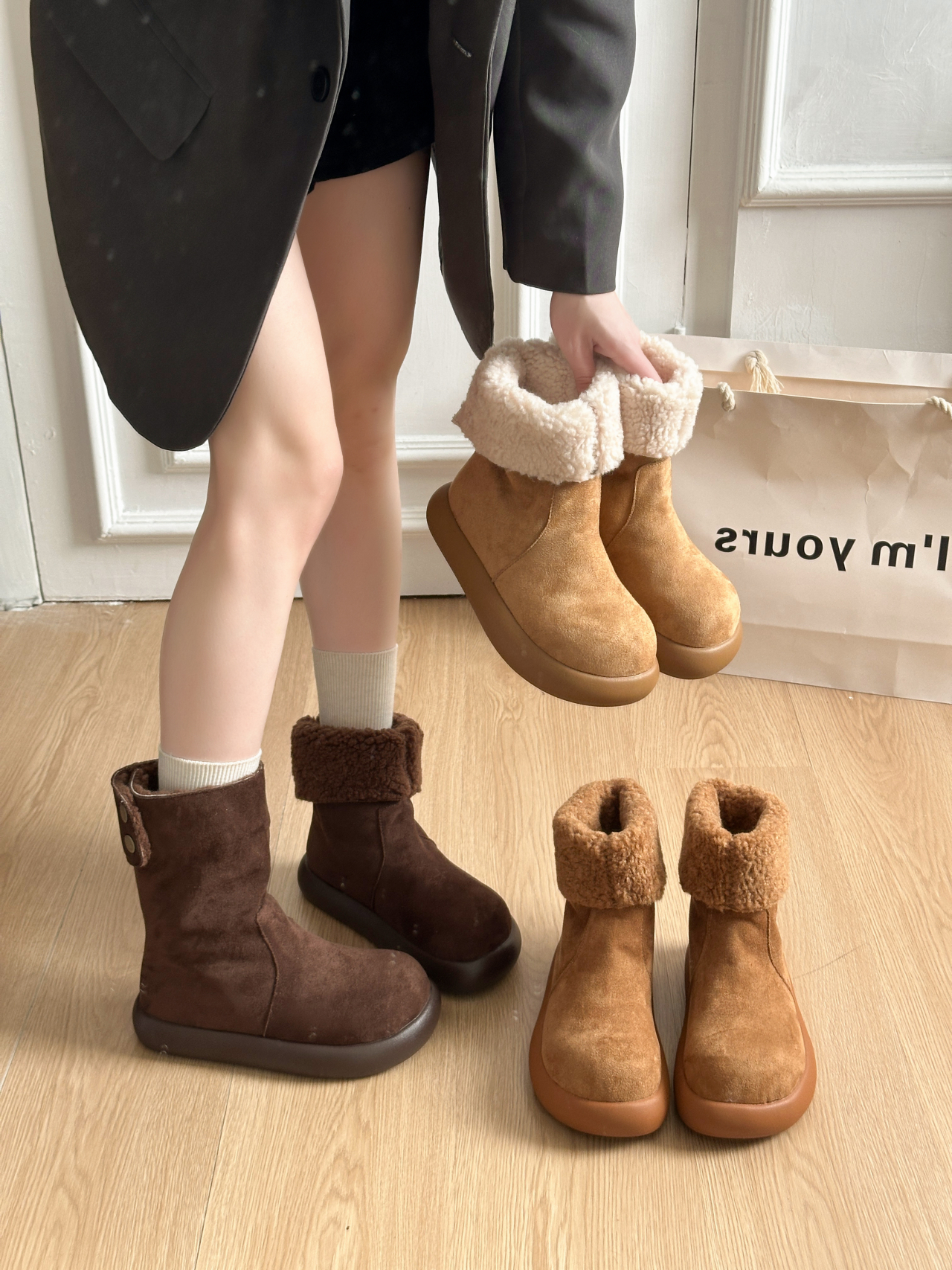 短靴平底筒靴保暖长筒短筒潮流纯色雪地靴时尚雪地靴