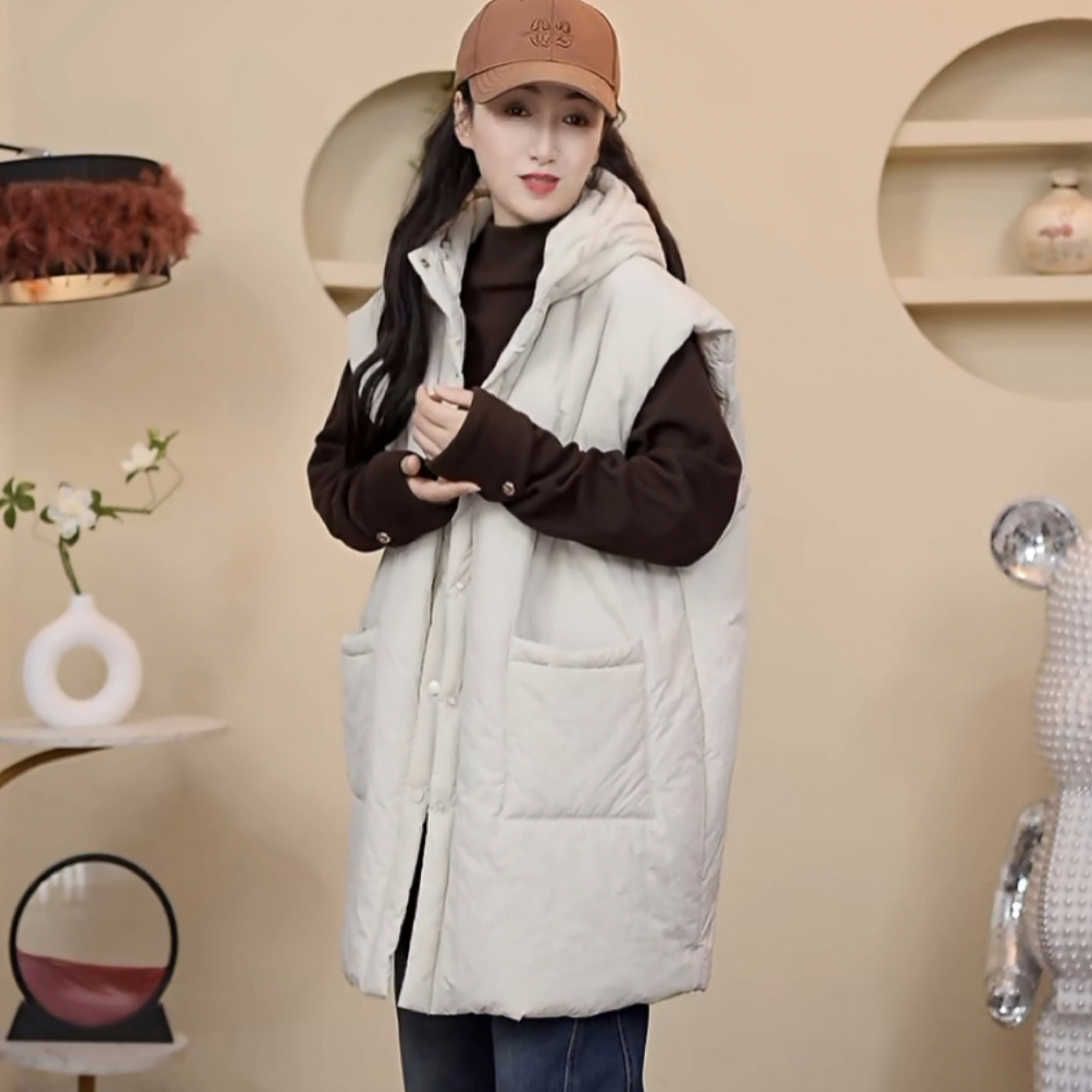 2025秋冬新款韩版中长款宽松棉马甲女连帽加厚休闲时尚百搭马甲女