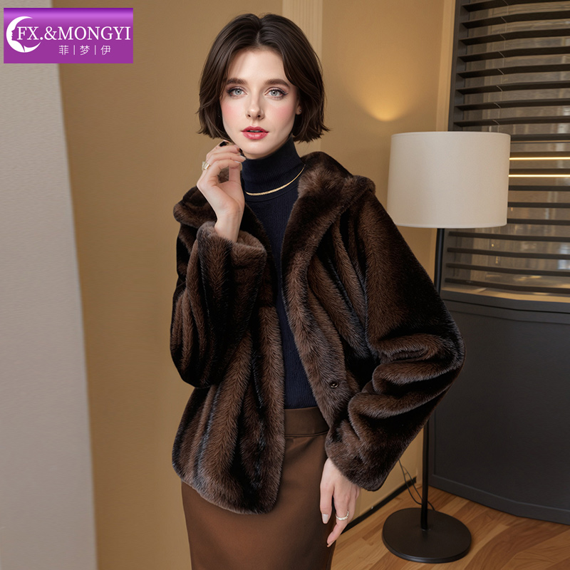 菲梦伊加厚保暖连帽仿皮草外套女冬季高品质洋气大码上衣FXDW1876
