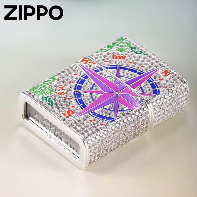 ZIPPO之宝煤油打火机 夜光套壳满钻爱情指南针镀银 送男友礼物