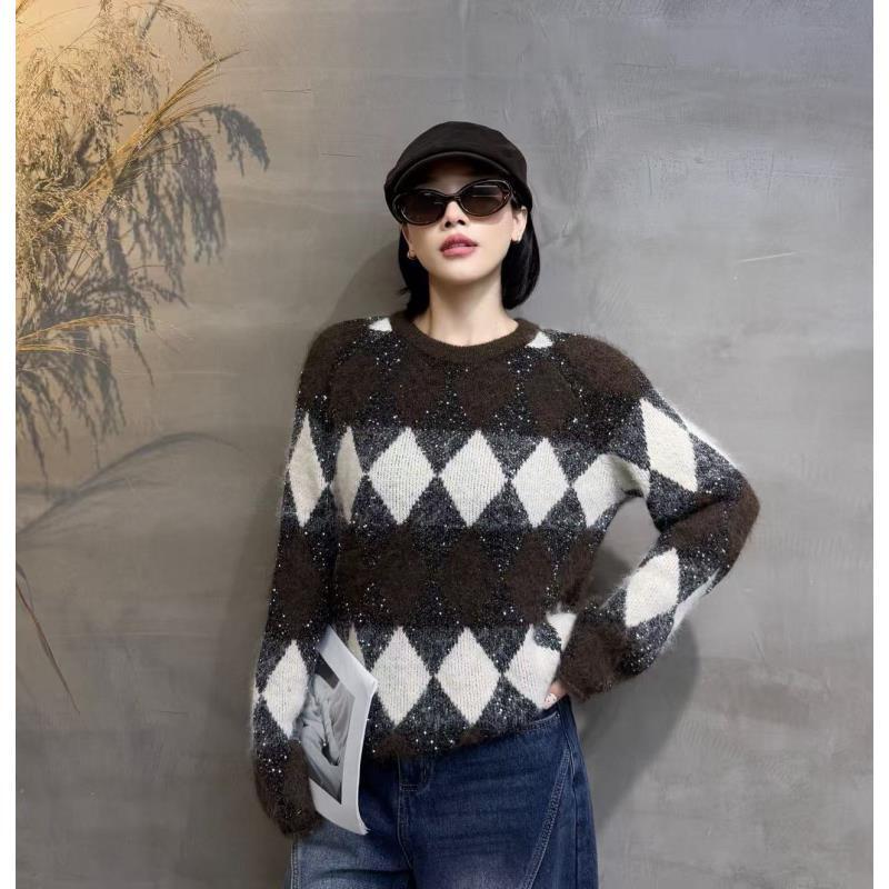 65139#菱形格针织衫毛衣女2025冬季新款撞色圆领宽松显瘦复古上衣