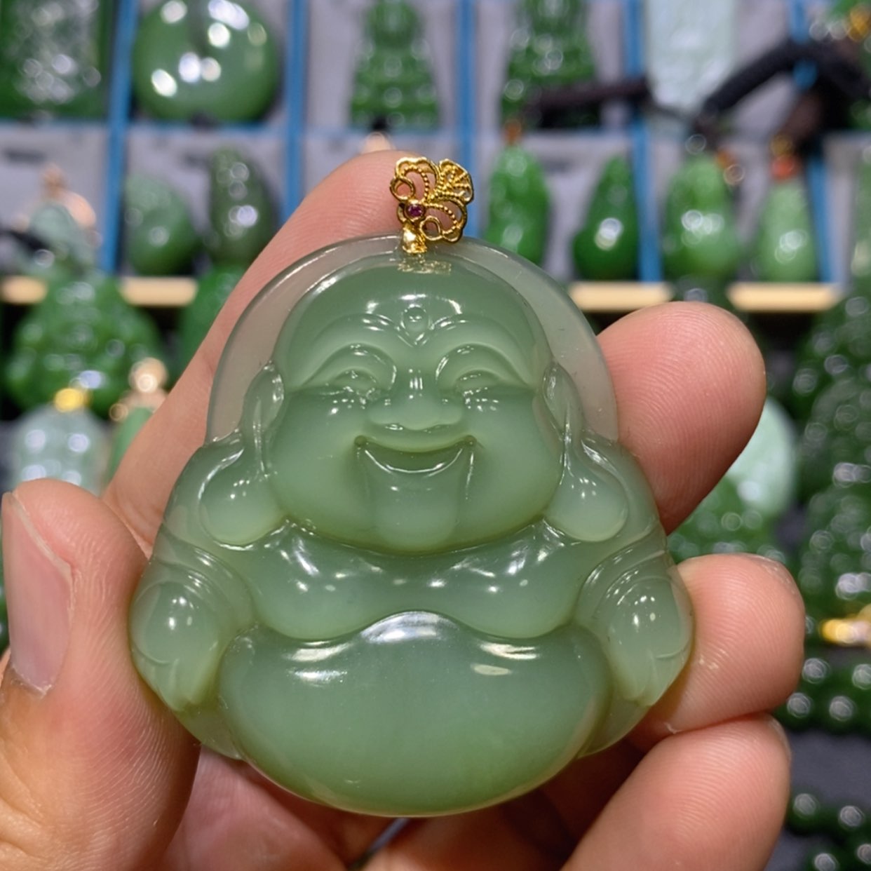 【闪购商品】和田玉吊坠(不含链)18K金镶嵌粉青猫眼佛公 46/48/11