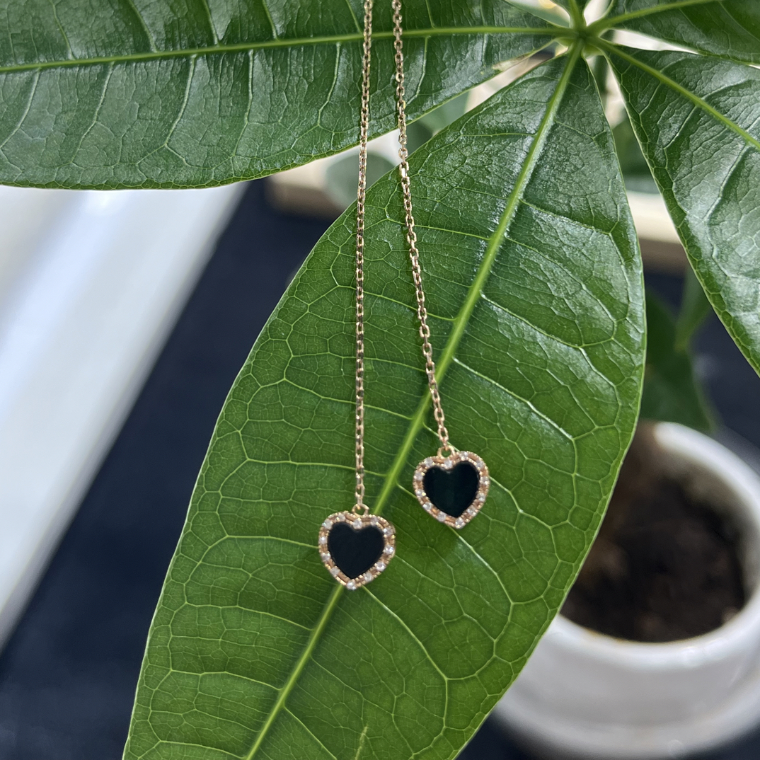 缅甸翡翠A货墨翠，心心相印耳线18K真金真钻镶嵌。够黑油性足无纹裂