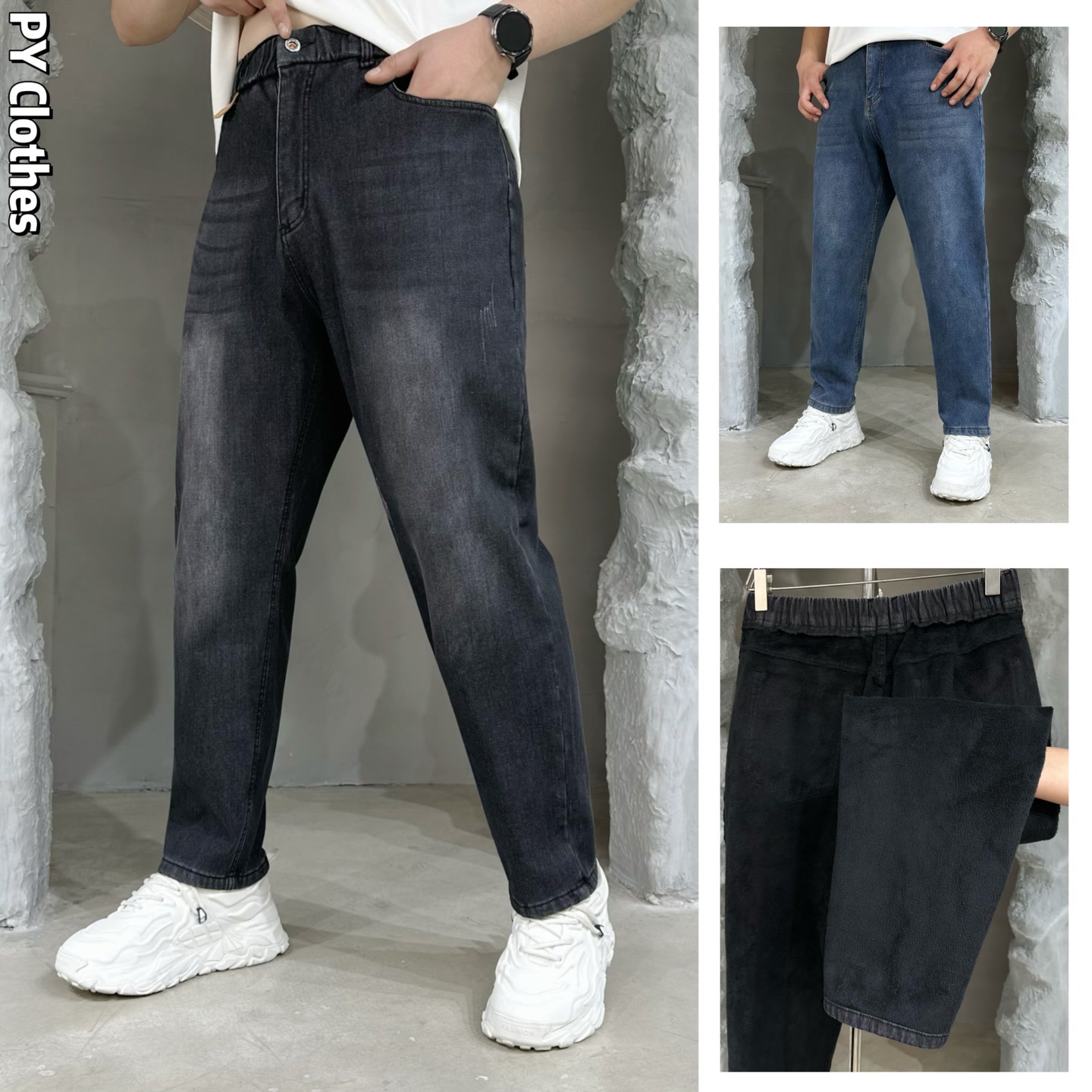【加绒】胖语大码男装 2025新款百搭水洗直筒休闲裤加绒牛仔裤381#F