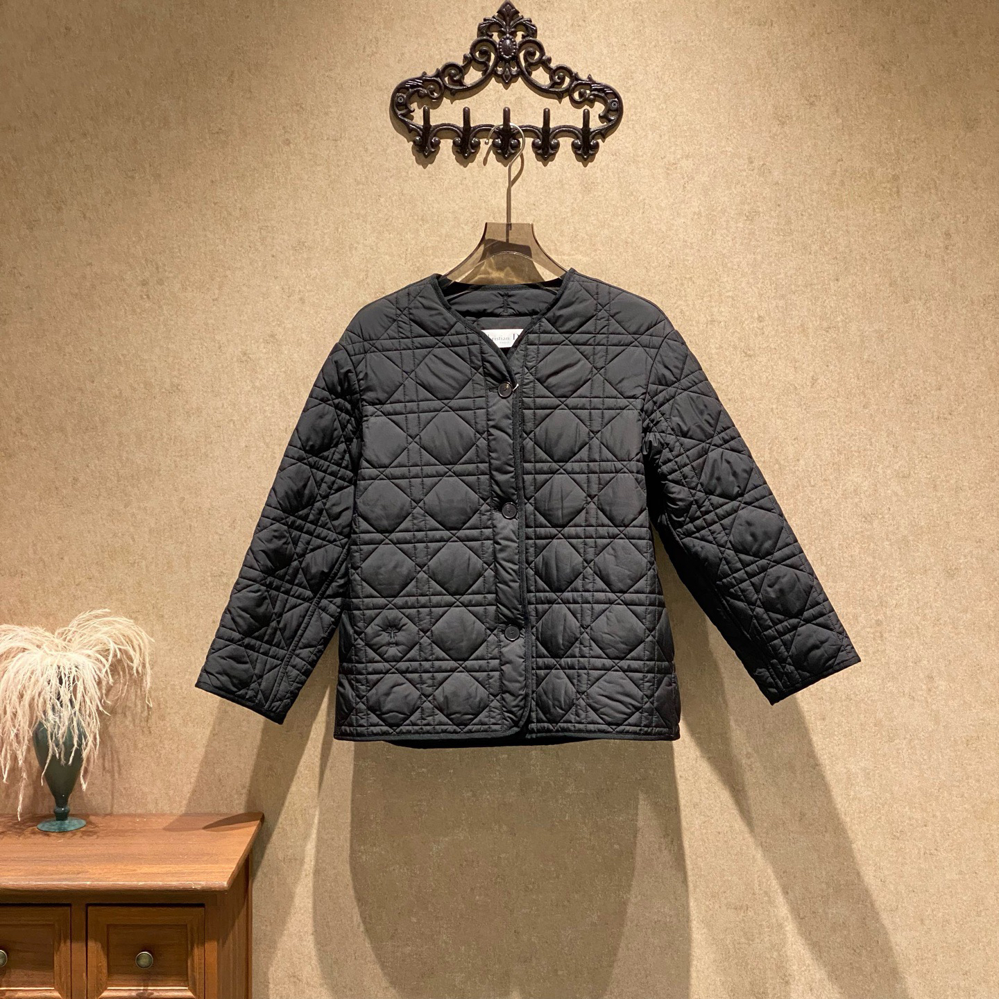 未使用 DIOR/迪奥 黑色藤格纹刺绣logo棉服外套/36码/40220