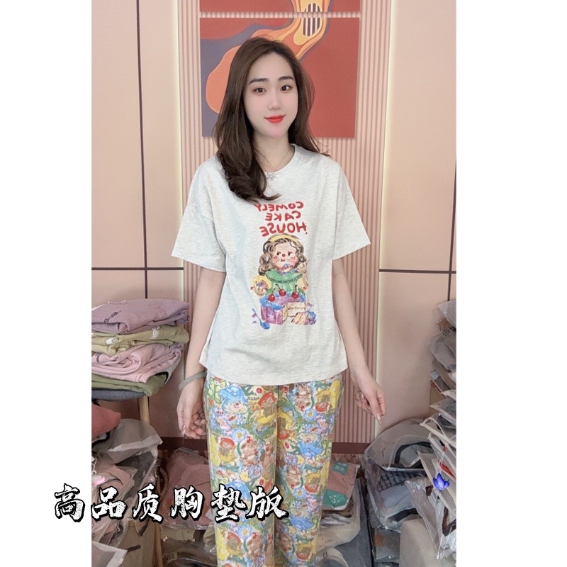 胸垫版睡衣女夏季新款纯棉短袖长裤时尚韩版家居服（油画女孩）