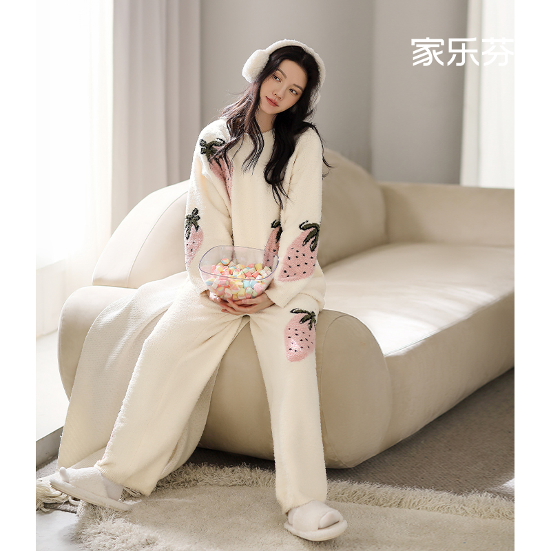 家乐芬睡衣女士秋冬季半边绒家居服加厚加绒草莓珊瑚绒套头可外穿