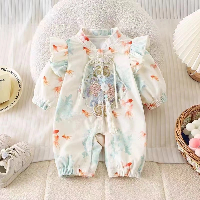 宝宝春秋长袖中国风双层婴儿满月百天哈衣连体衣