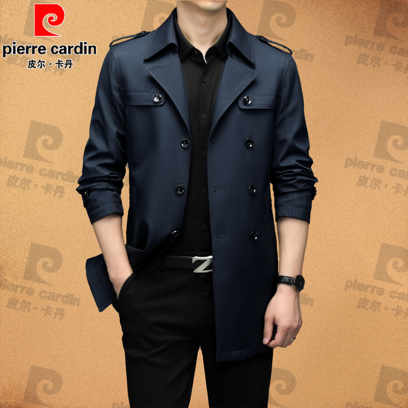 皮尔卡丹2025春秋款绅士风中长款风衣中年男士西装领商务休闲外套