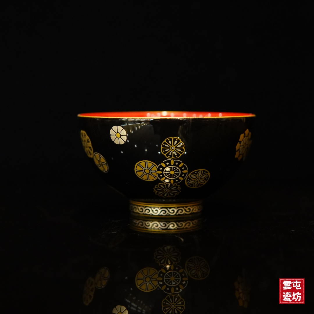 黑地金银错皮球花鸡心杯重工高端陶瓷茶具主人杯纯手工手绘精品