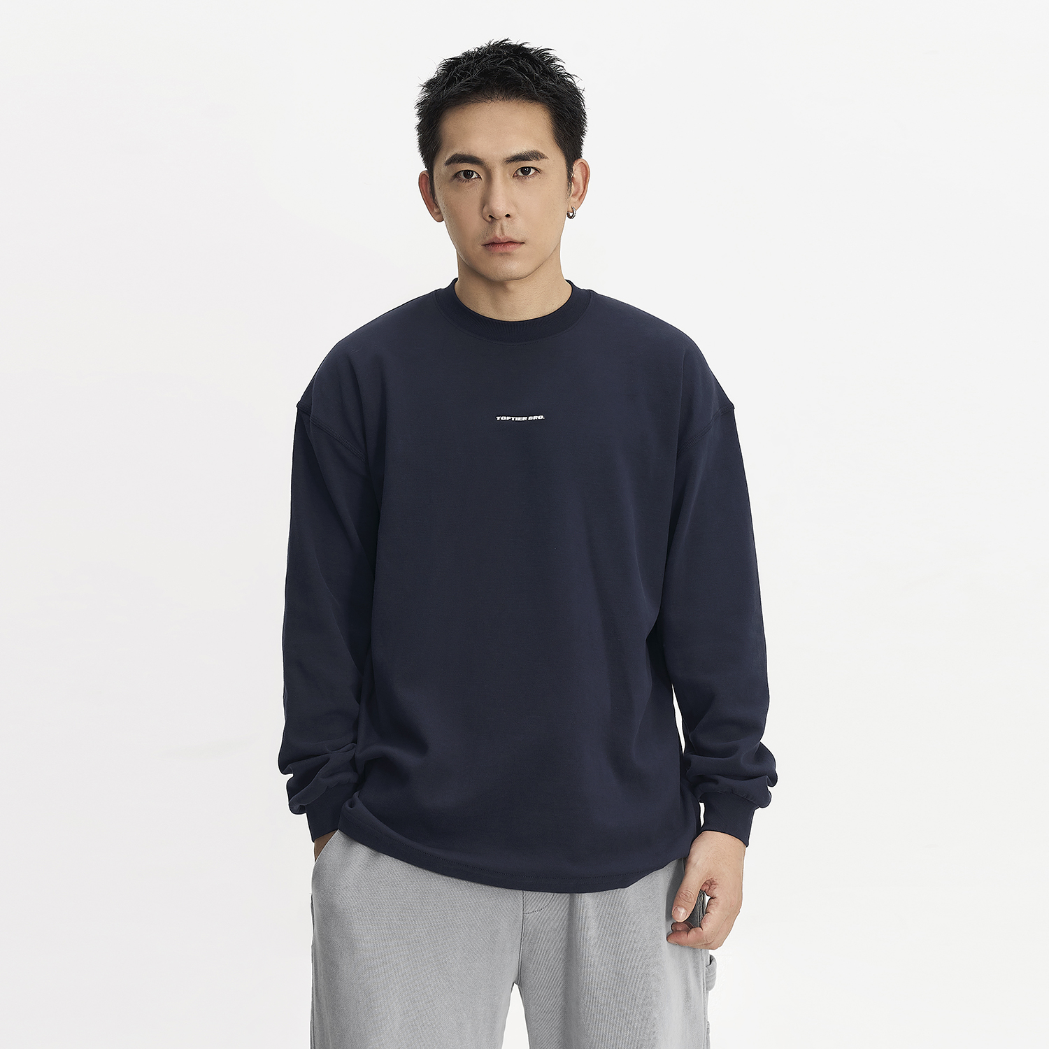 TOPTIER BRO 300g高密精梳棉抗菌长袖T恤男亲肤柔软小领口上衣