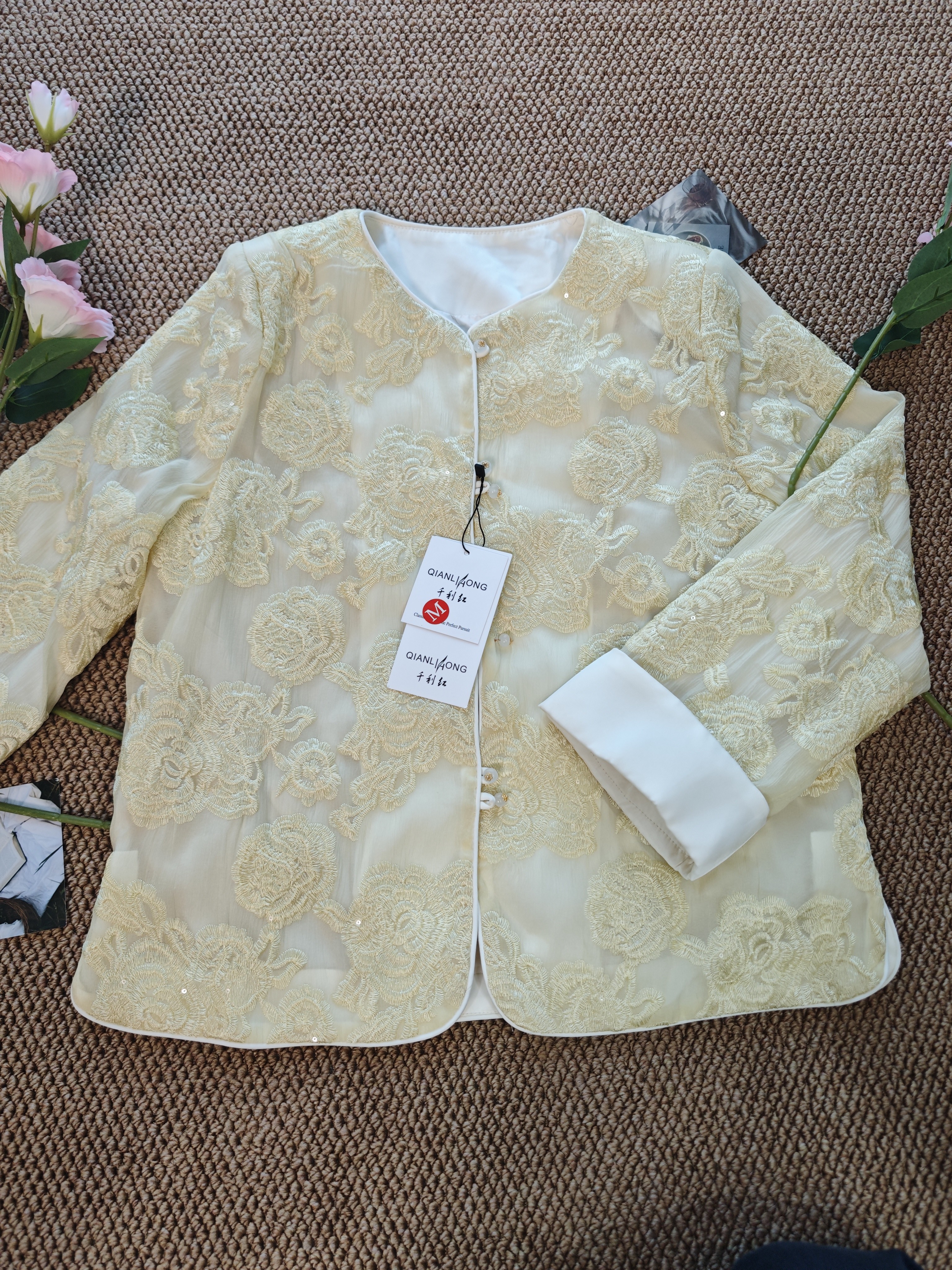 春季新中式薄款女提花钉珠刺绣