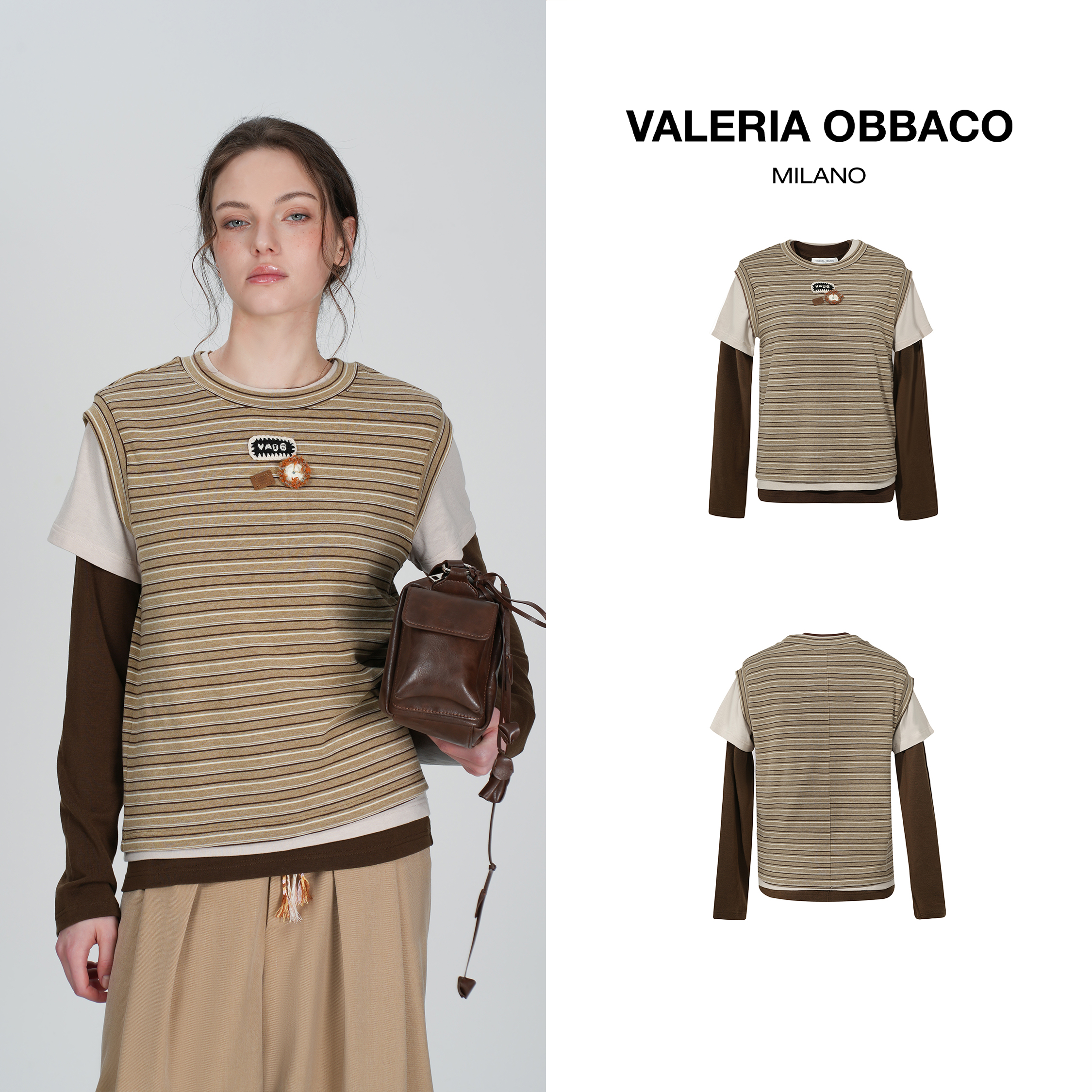VALERIAOBBACO/瓦莱丽娅 奥贝科VO条纹三件套T恤春秋新款长袖上衣