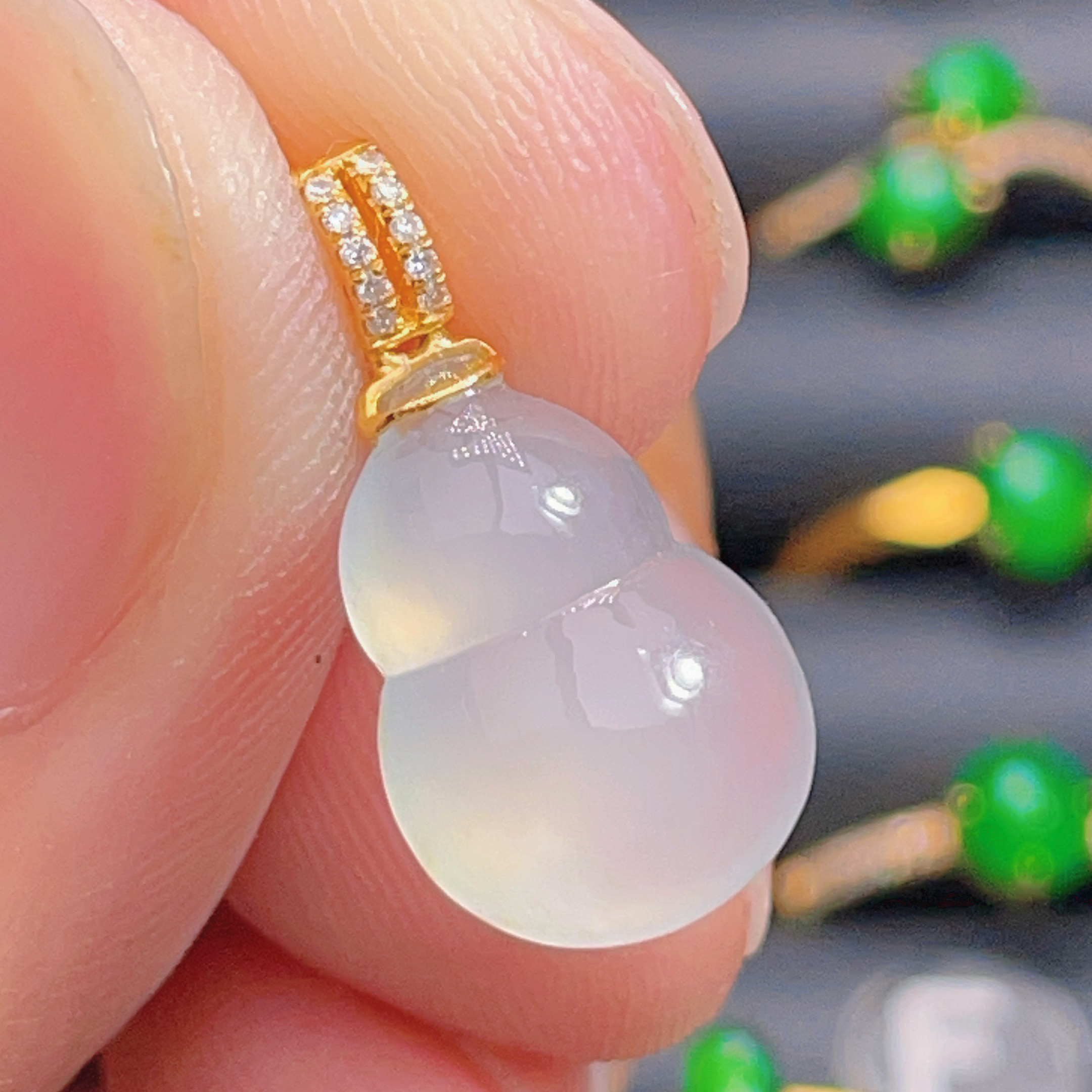 18K金天然翡翠A货-880葫芦高冰吊坠K黄镶嵌钻石珠宝玉石挂件女款