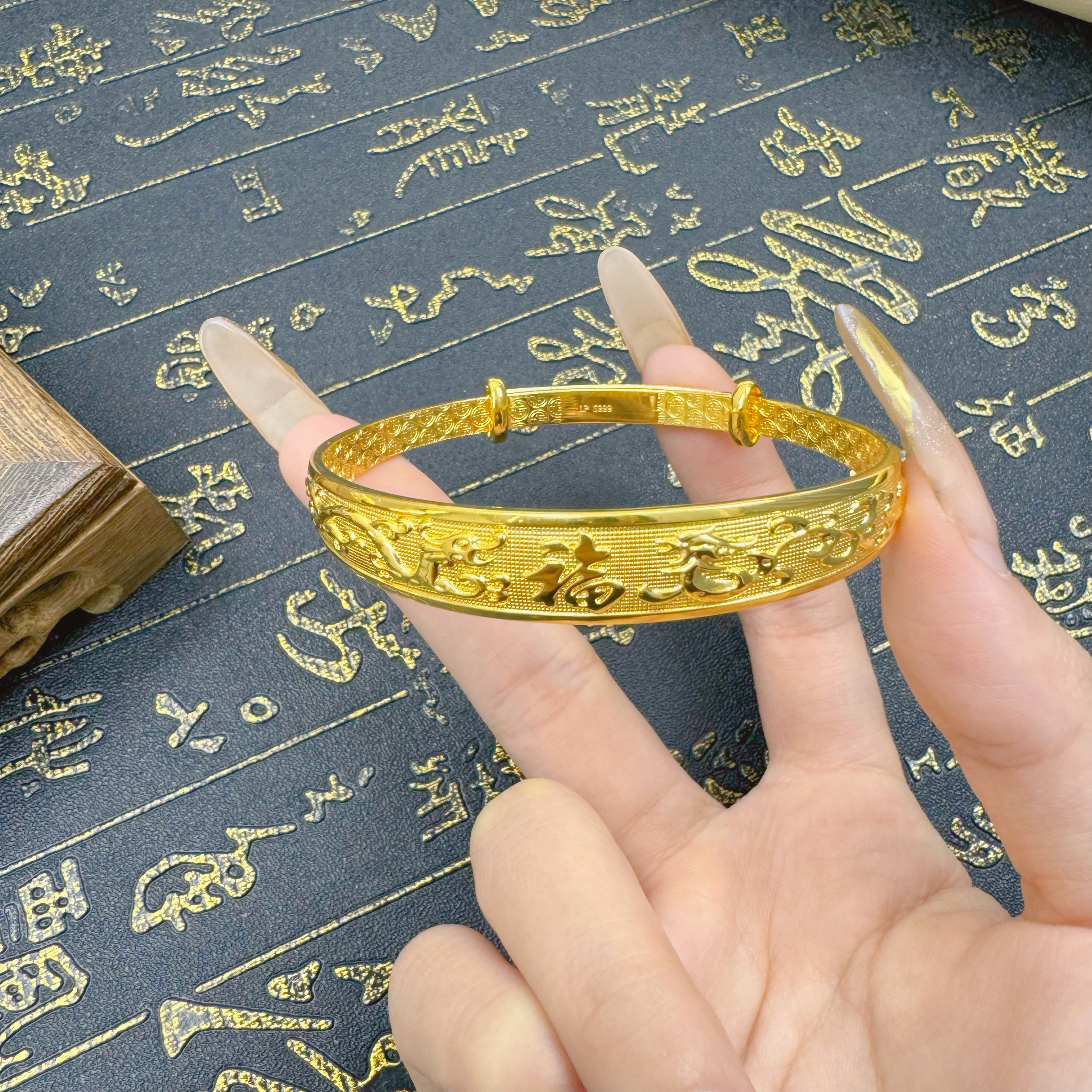 足银手镯 福字金推拉手镯 时尚百搭可调节 寓意福禄好意连连