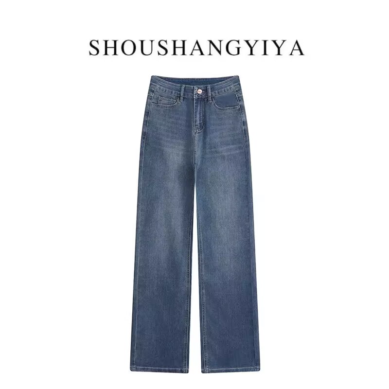 百搭时尚阔腿牛仔裤女春季厚高腰显瘦宽松复古蓝直筒长裤拖地裤
