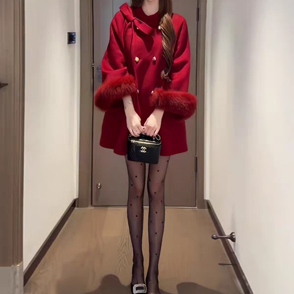 女秋冬红色外套蝴蝶结双面大衣女士秋冬时尚千金风斗篷式外套