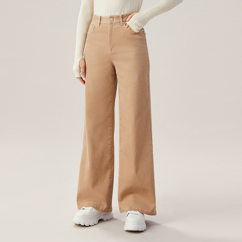 阿玛施AMASS高腰加绒裤丹宁风显瘦阔腿水洗直筒牛仔裤女士5100388