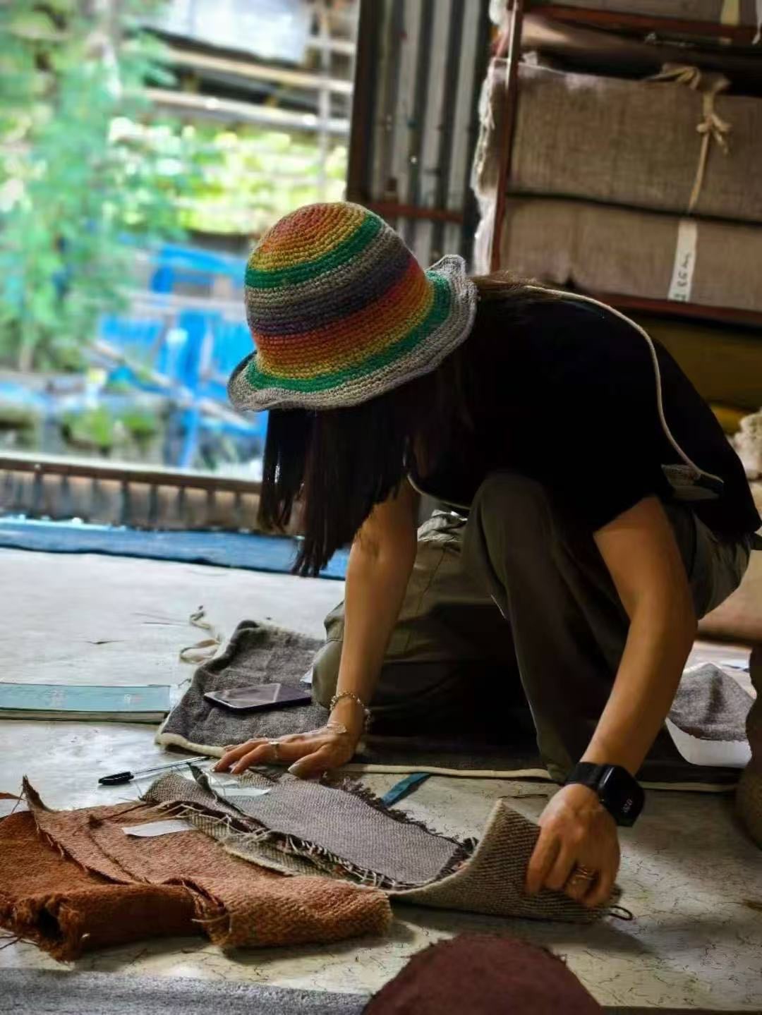 尼泊尔手工彩虹帽针织渔夫帽汉麻棉