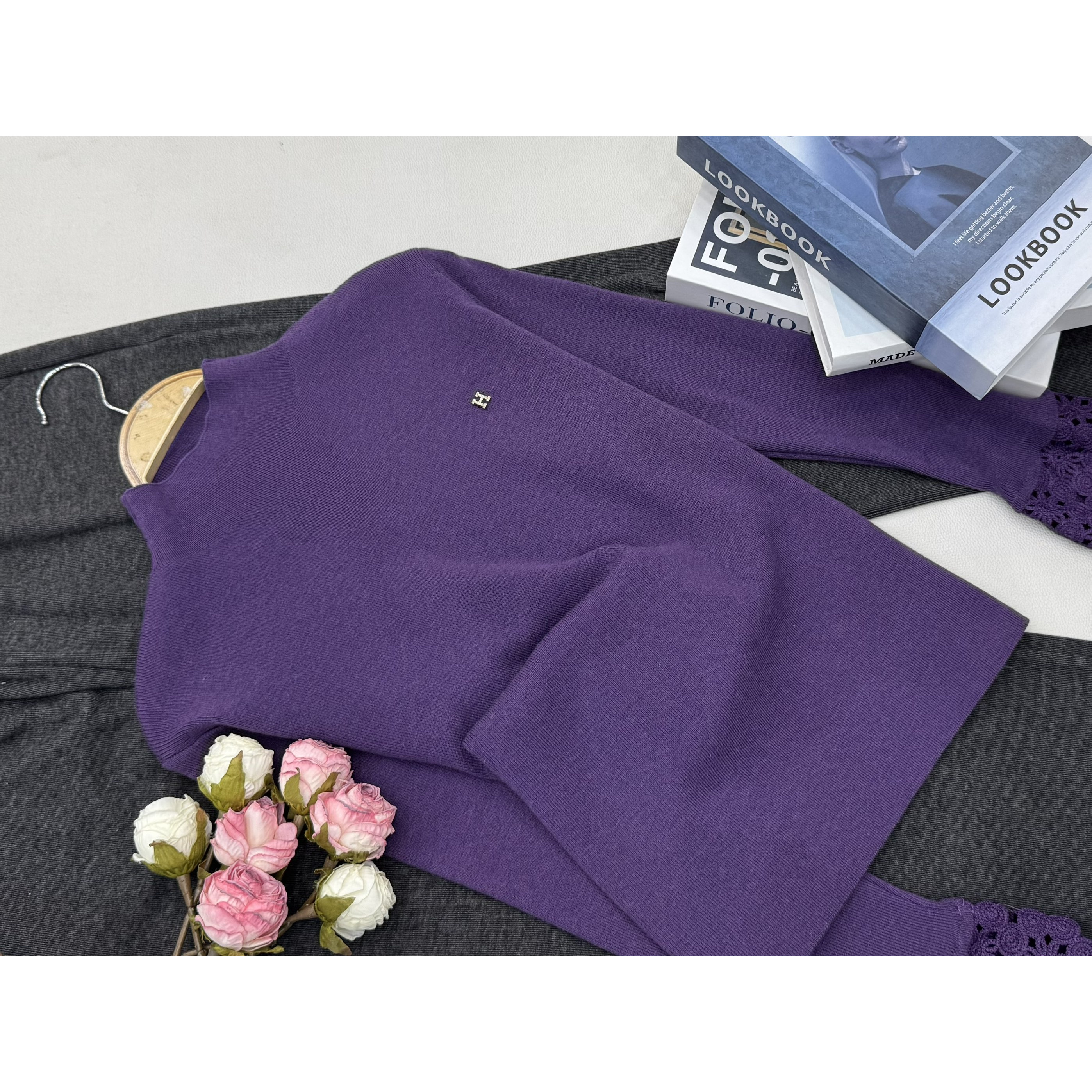 【紫色小H套头】早秋新款时尚长袖针织上衣QC5745