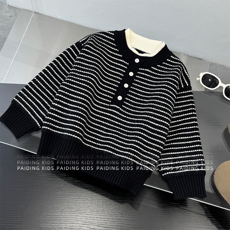 秋冬装儿童韩版撞色条纹半纽扣衣领保暖加厚套头毛衣SJ6857-DD1