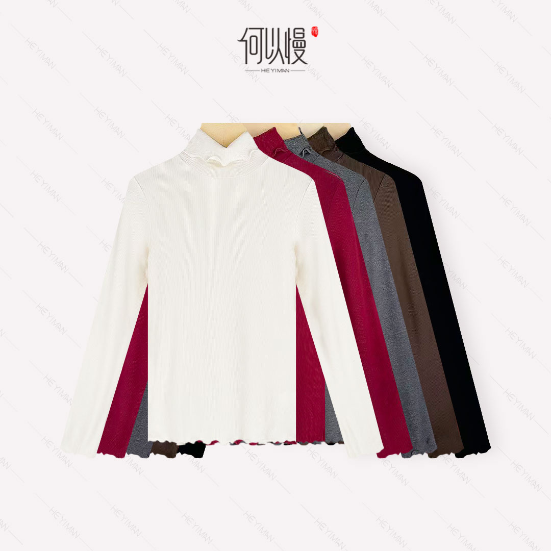 【何以慢】桑蚕丝混纺秋冬拉绒工艺免烫抗菌亲肤堆堆领T恤A0-A5461