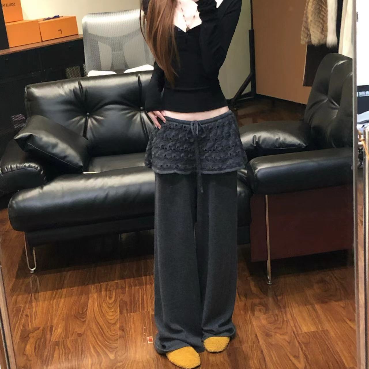 【ins编织针织直筒裤】遮胯显瘦韩系氛围系带调节腰头6301