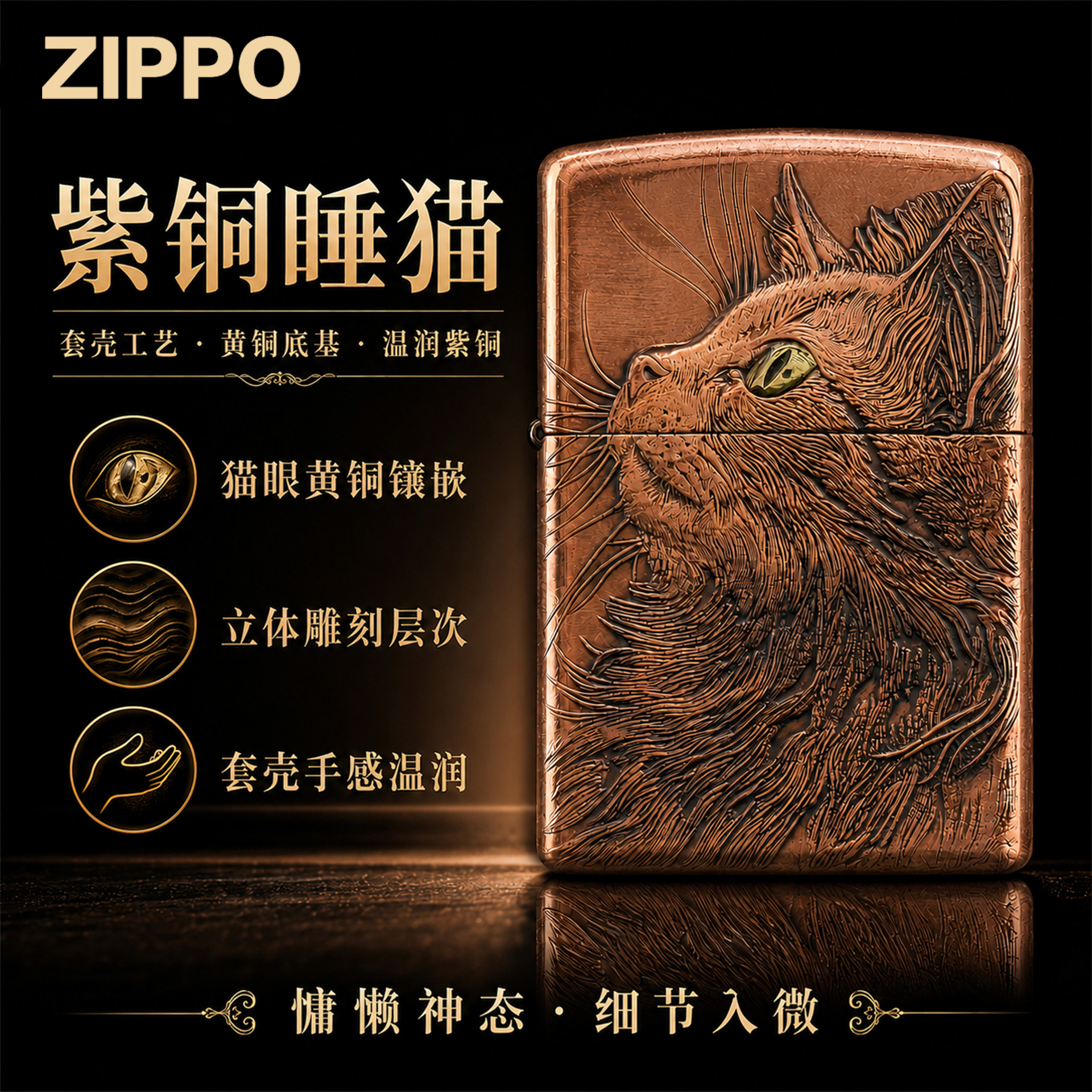 zippo打火机紫铜套壳【仰望星空睡猫】官方正品男生走心实用礼物
