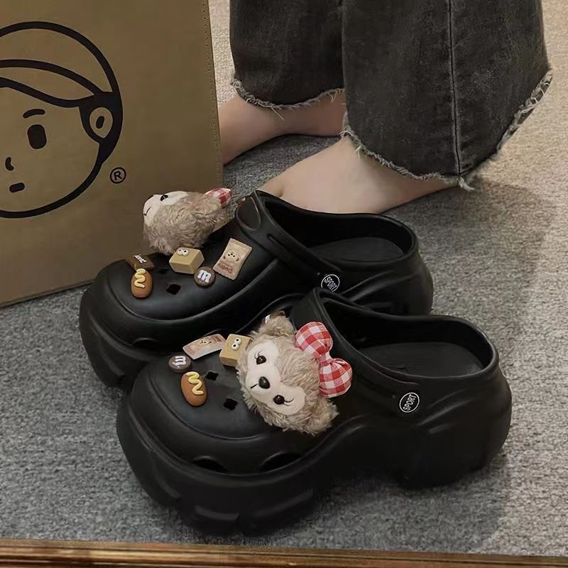 网红爆款DIY毛绒卡通洞洞鞋女夏天户外穿高跟厚底时尚踩屎感凉拖