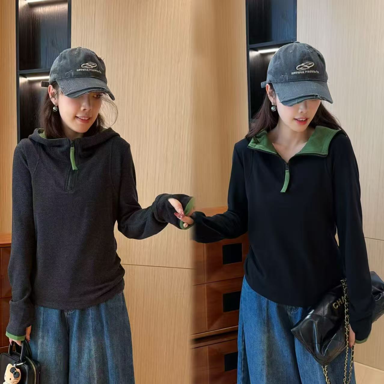 二姐的宝藏秋冬磨毛锁温长袖远红外发热半拉链连帽打底衫#25389