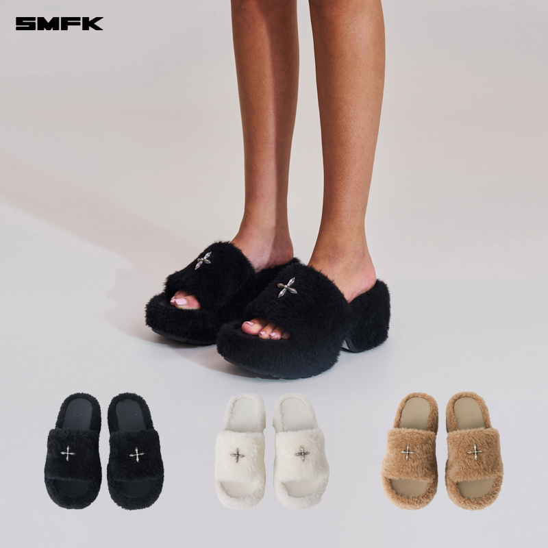 SMFK十字雕像皮毛一体高跟拖鞋 S0004BF2 日常增高厚底防滑毛拖