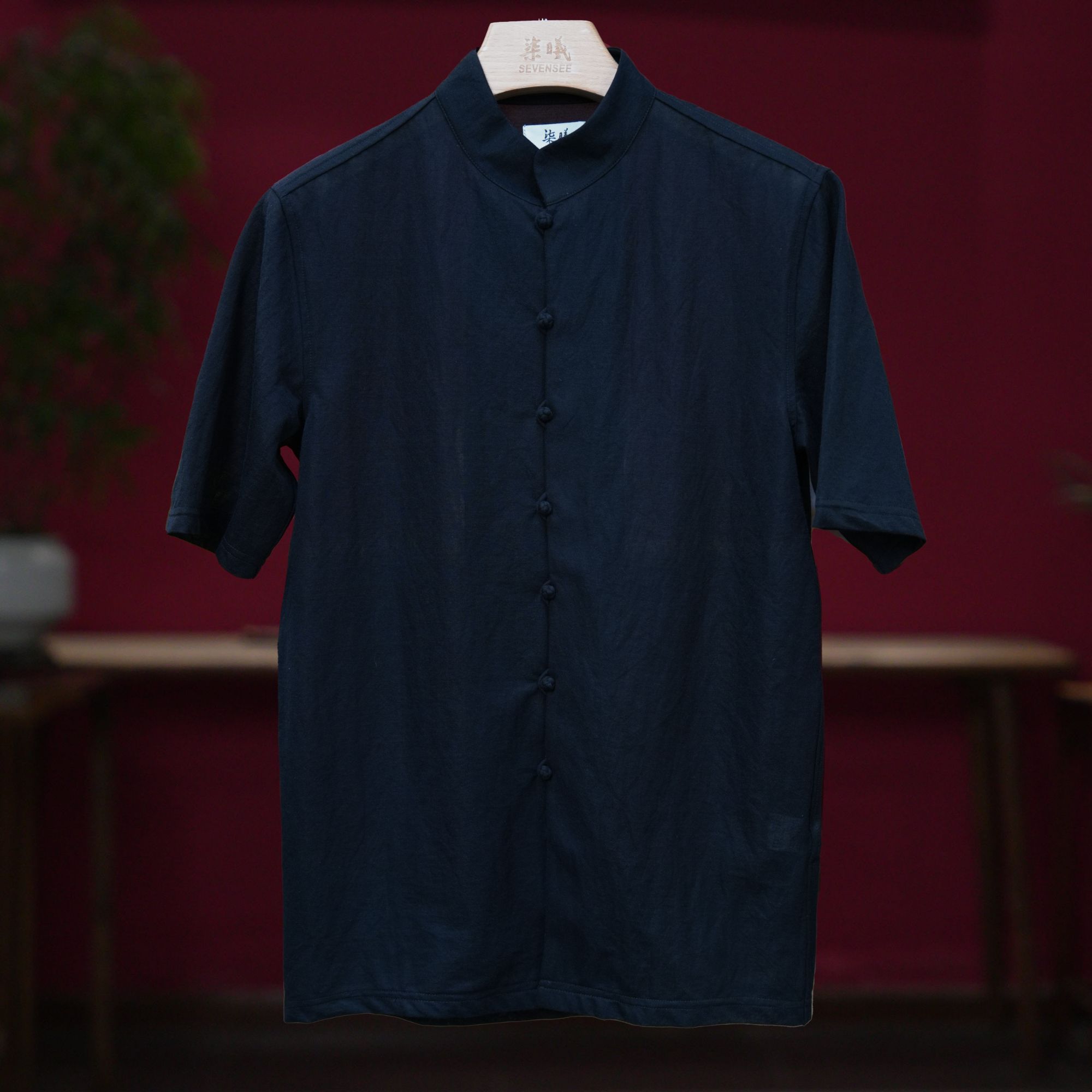 Sevensee/柒曦华服中国风唐装立领豆扣宽松夏季短袖薄款衬衫休闲