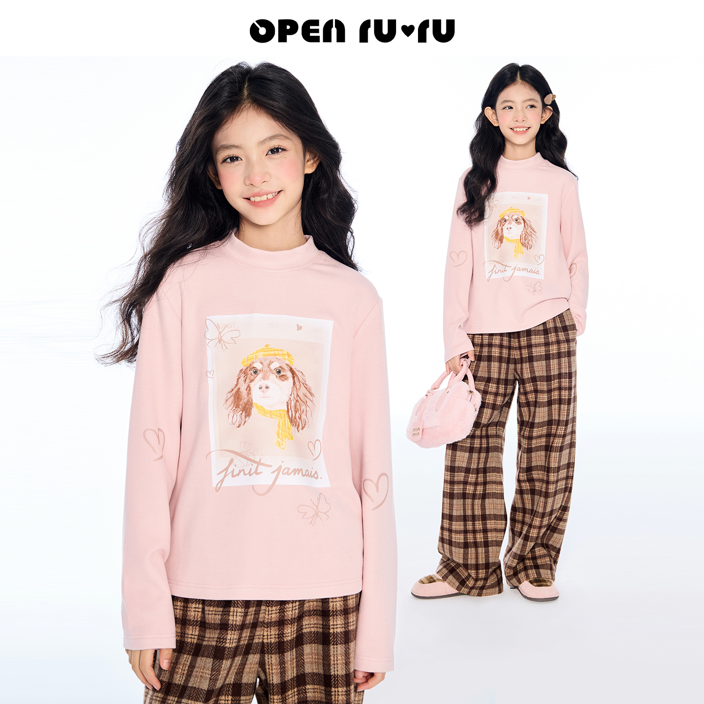Opennunu女童粉色小狗印花T恤冬季中大童设计感亲肤百搭绒感上衣
