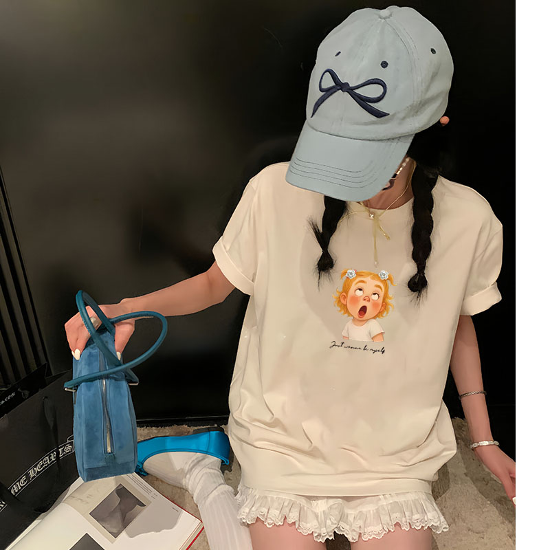 韩版休闲t恤纯棉短袖夏季ins设计感新款印花正肩半袖百搭大码女装