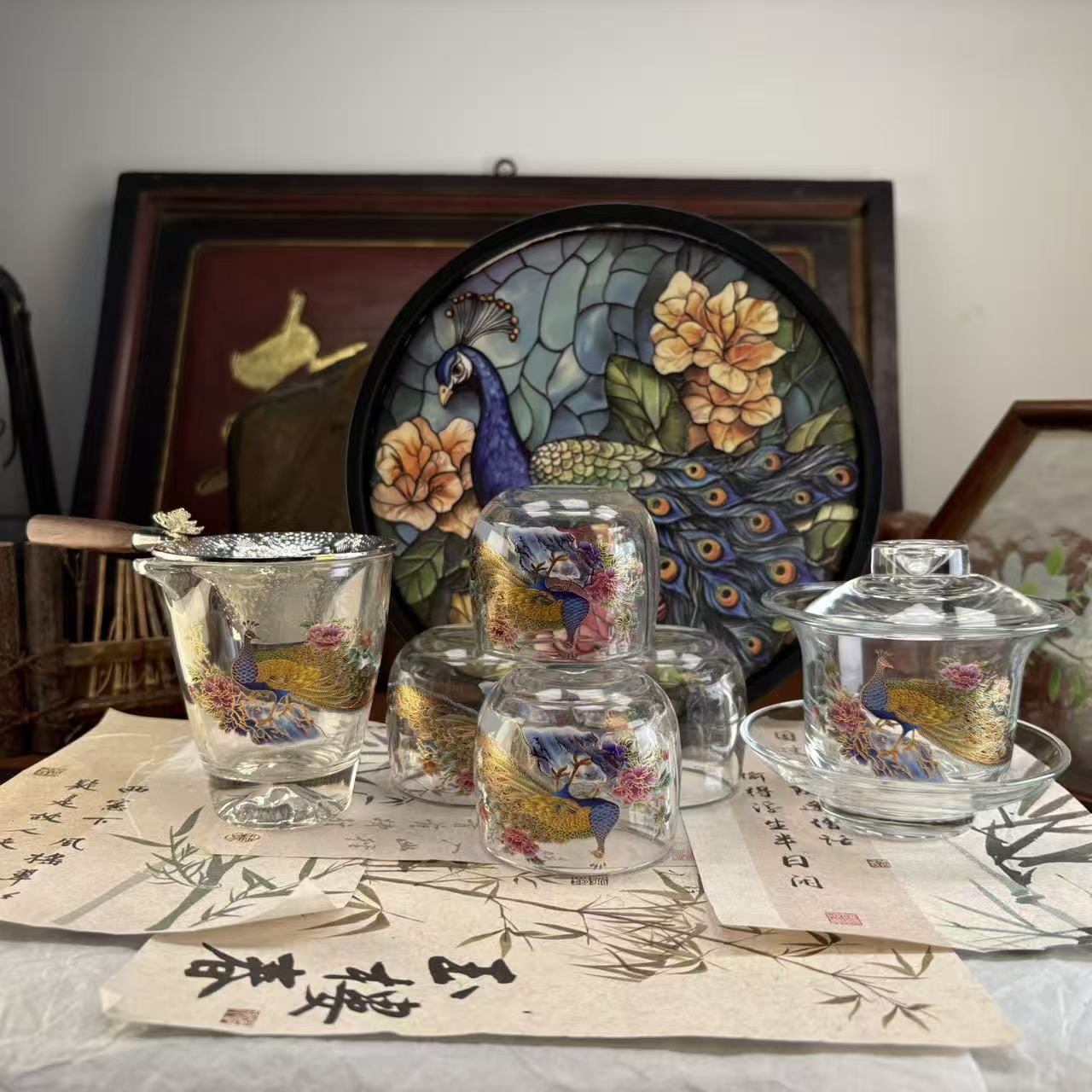 水晶孔雀盖碗一盖四杯带盘小套装-6347-0104