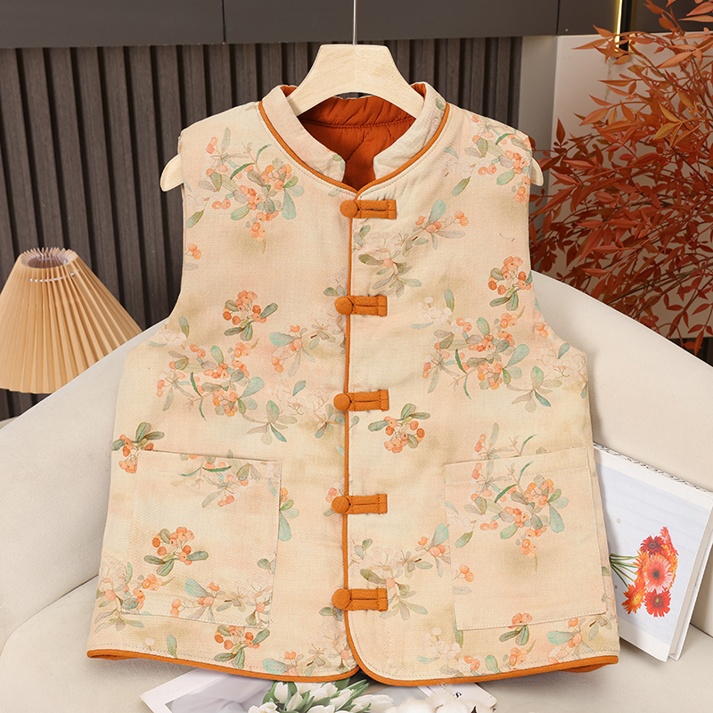 【100%棉棉花马甲】秋冬新款斜纹棉小立领复古盘口棉花马甲女棉马夹