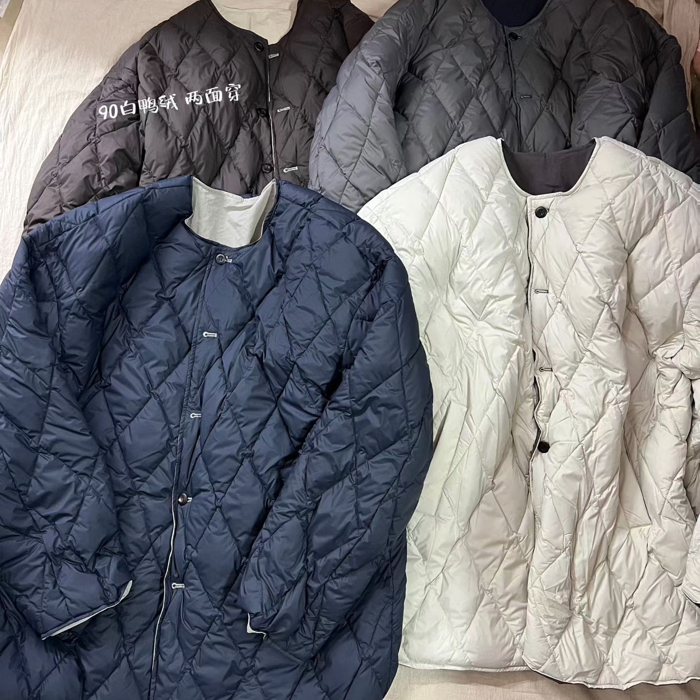 日系休闲百搭轻薄宽松圆领女中长款保暖外套