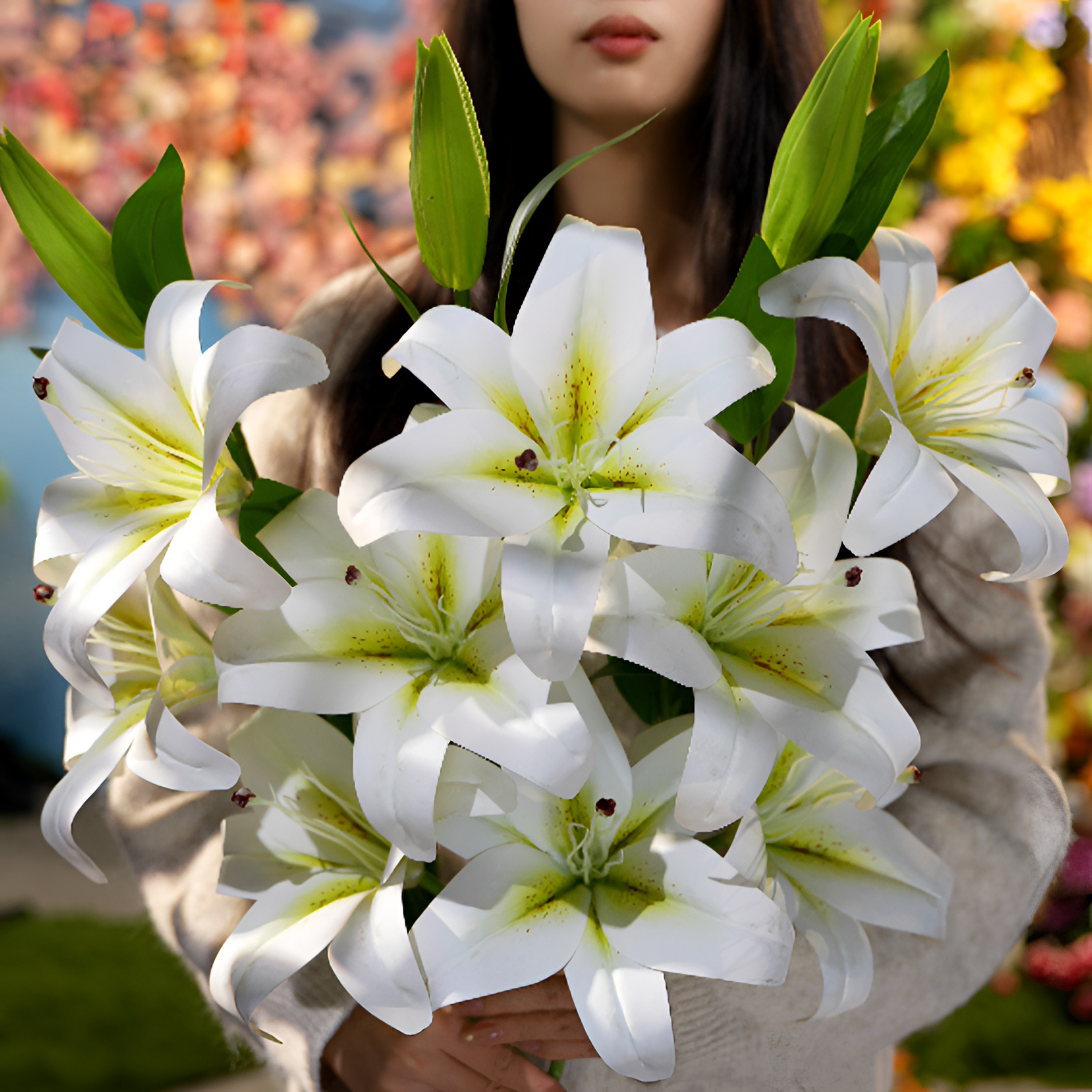 仿真3D手感大百合花绿白色超大头落地花手工客厅桌面花(花头自插)