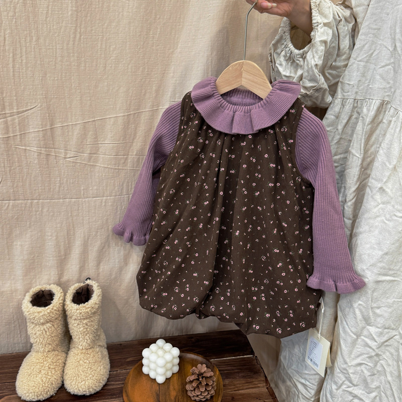 女宝冬款碎花裙套装2025新款女童冬天裙子夹棉深秋毛衣两件套韩版