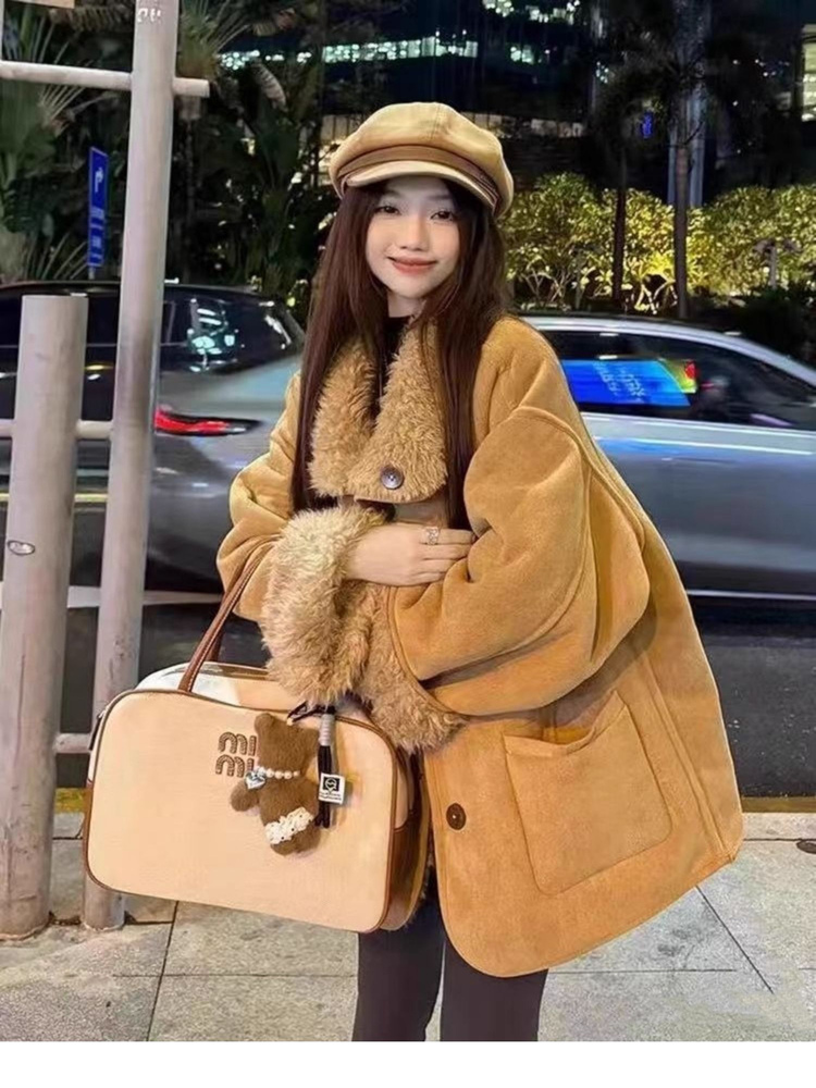 人造皮草 羊羔毛两面穿毛毛外套女冬宽松机车服环保皮草上衣加厚
