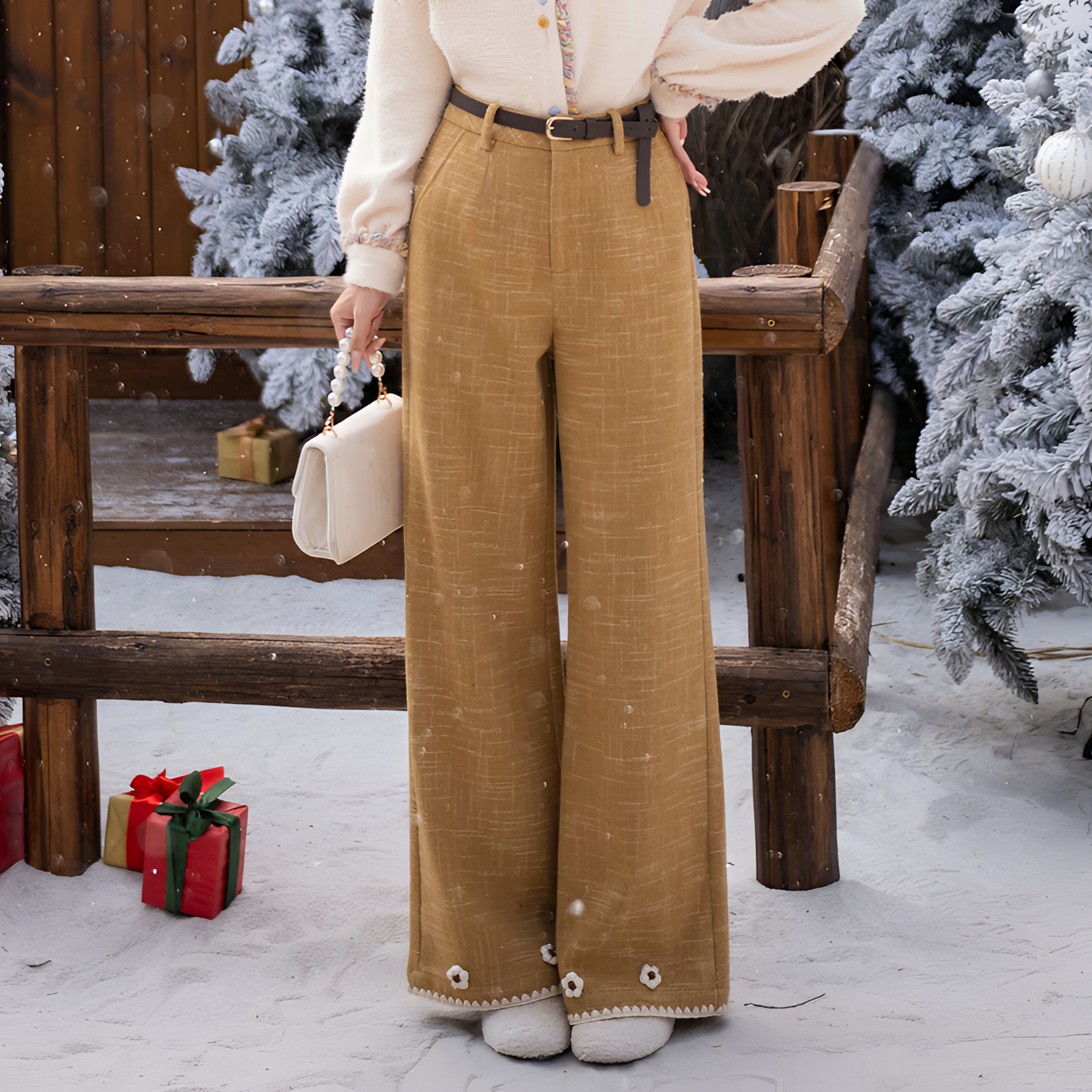 LIJIUJIU【黄油曲奇】秋冬复古风直筒暗格纹呢料高腰长裤JW251217